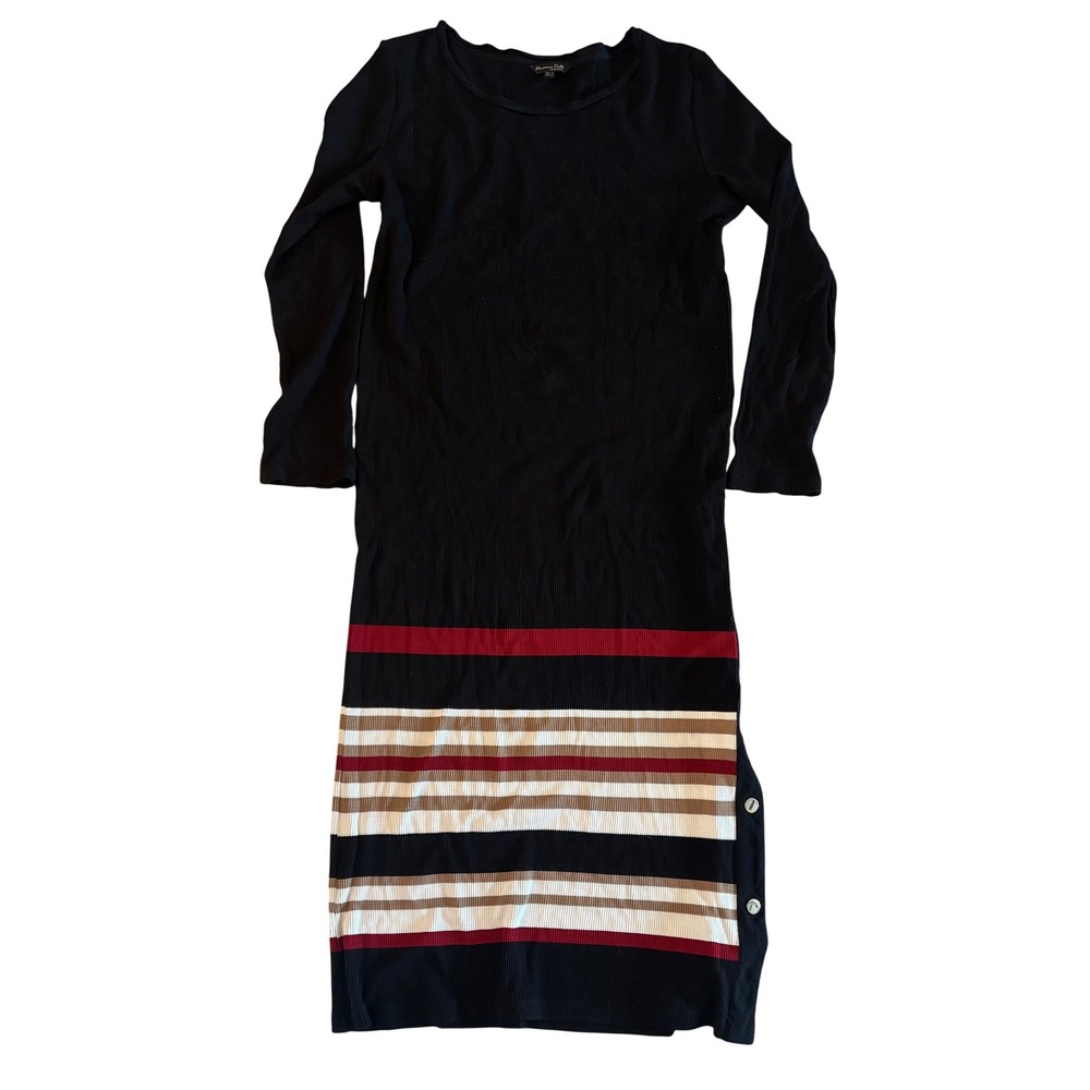 Massimo Dutti Ribbed Knit Striped Hem Midi Dress Black Size L quiet luxury chic